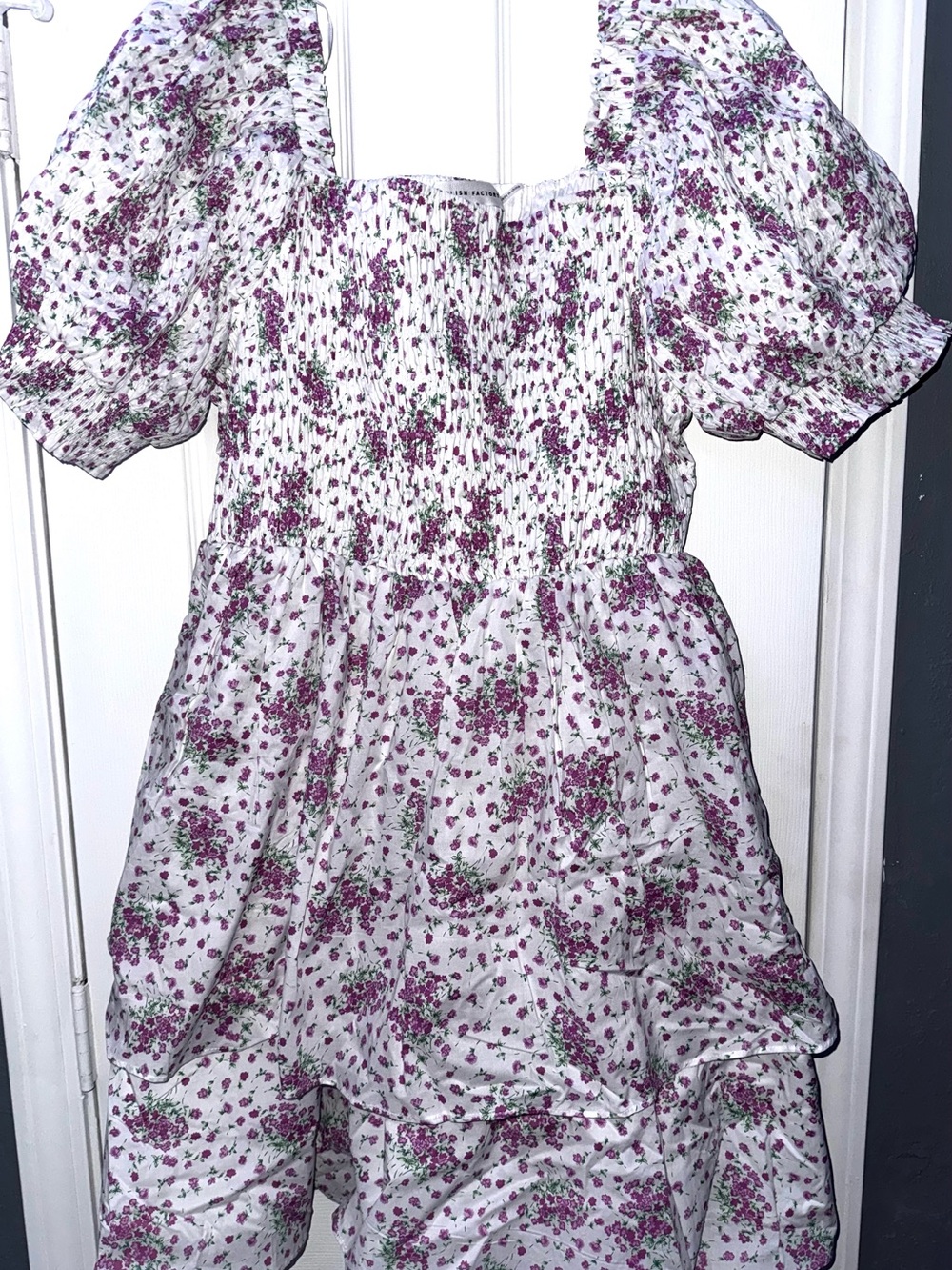 English Factory White Floral Puff-Sleeve Smocked Dress - Purple & Green